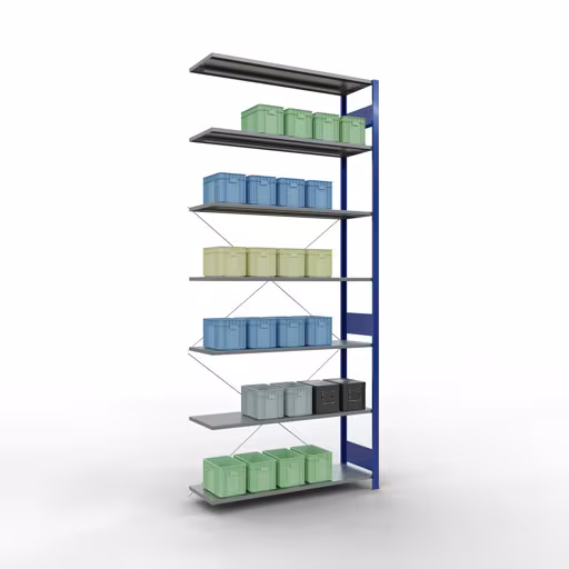 Une autre vue de l'article Rayonnage rapporté, rayonnage à étagères, système enfichable MULTIplus150, 3000 x 1300 x 400 mm, 7 tablettes, traverse, RAL 5010 bleu gentiane/galvanisé Une autre vue de l'article Étagère rapportée, étagère système enfichable MULTIplus150, 3000 x 1300 x 400 mm, 7 étagères, RAL 5010 bleu gentiane/galvanisé de la catégorie système enfichable