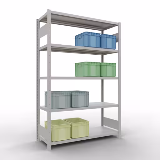 Étagère de base, étagère, système enfichable MULTIplus250, 2000 x 1300 x 500 mm, 5 étagères, barres de longueur, RAL 7035 gris clair de la catégorie d'étagères de base avec le GTIN 4004514294715 Étagère de base, étagère, système enfichable MULTIplus250, 2000 x 1300 x 500 mm, 5 étagères, gris clair RAL 7035 de Schulte Lagertechnik de la gamme de produits du système enfichable