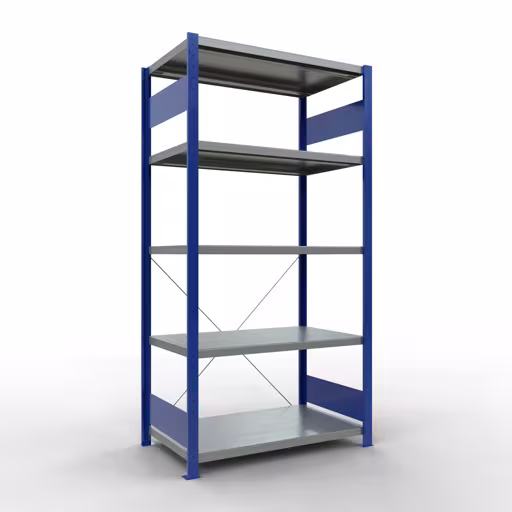 Étagère de base, étagère, système enfichable MULTIplus250, 2000 x 1000 x 600 mm (HxLxP), 5 étagères, traverse, RAL 5010 bleu gentiane/galvanisé, étagère de base, réf. 12960-B
