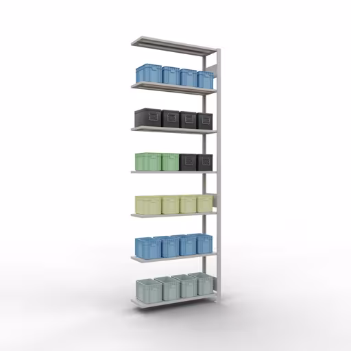 Rayonnage supplémentaire, étagère, système enfichable MULTIplus150, 3000 x 1000 x 300 mm (HxLxP), 7 étagères, barres de longueur, RAL 7035 gris clair de la catégorie des étagères supplémentaires avec le GTIN 4004514292735 Étagère supplémentaire, étagère, système enfichable MULTIplus150, 3000 x 1000 x 300 mm, 7 étagères, gris clair RAL 7035 de la marque Schulte Lagertechnik de la gamme de produits du système enfichable