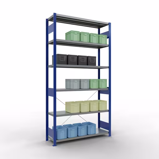 Étagère de base, étagère à étagères, système enfichable MULTIplus250, 2500 x 1300 x 400 mm, 6 étagères, traverse, RAL 5010 bleu gentiane/galvanisé de Schulte Lagertechnik avec le numéro d'article. 12941-130-B