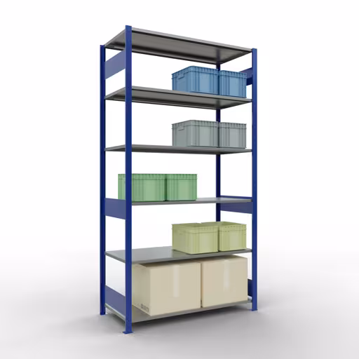 Étagère de base, étagère, système enfichable MULTIplus150, 2500 x 1300 x 600 mm, 6 étagères, RAL 5010 bleu gentiane/galvanisé de Schulte Lagertechnik avec le numéro d'article. 12761-130-LR-B