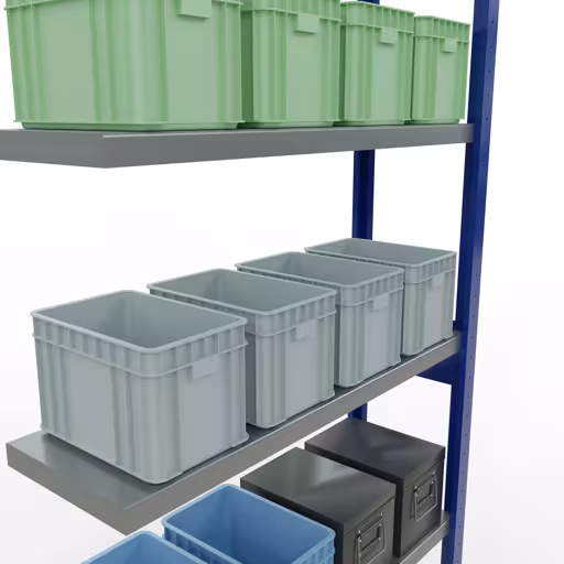 Image du produit n° 15 de l'article Rayonnage complémentaire, rayonnage à étagères, système enfichable MULTIplus250, 2500 x 1000 x 300 mm, 6 étagères, barres longitudinales, RAL 5010 bleu gentiane/galvanisé Figure n° 15 de l'article Système d'étagères enfichables MULTIplus250, 2500 x 1000 x 300 mm, 6 étagères, RAL 5010 bleu gentiane/galvanisé du groupe de produits Systèmes enfichables de Schulte Lagertechnik