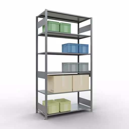 Étagère de base, étagère, système enfichable MULTIplus150, 2500 x 1300 x 600 mm, 6 étagères, barres longitudinales, galvanisées avec GTIN 4004514280893 Étagère de base, étagère à étagères, système enfichable MULTIplus150, 2500 x 1300 x 600 mm, 6 étagères, galvanisées de Schulte Lagertechnik avec le numéro d'article. 12761-130-LR