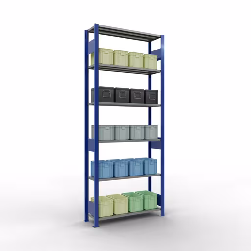 Scaffale base, scaffale, sistema a innesto MULTIplus150, 2500 x 1000 x 300 mm (AxLxP), 6 ripiani, barre longitudinali, RAL 5010 blu genziana/zincato di Schulte Lagertechnik con l'articolo n. 12731-LR-B