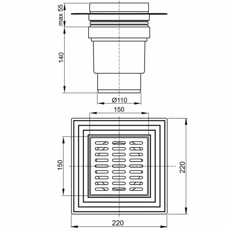 Siphon de sol APV | Caniveau de douche avec siphon DN100 grille en acier inoxydable 150x150 mm vertical d'AlcaPlast avec réf. APV13