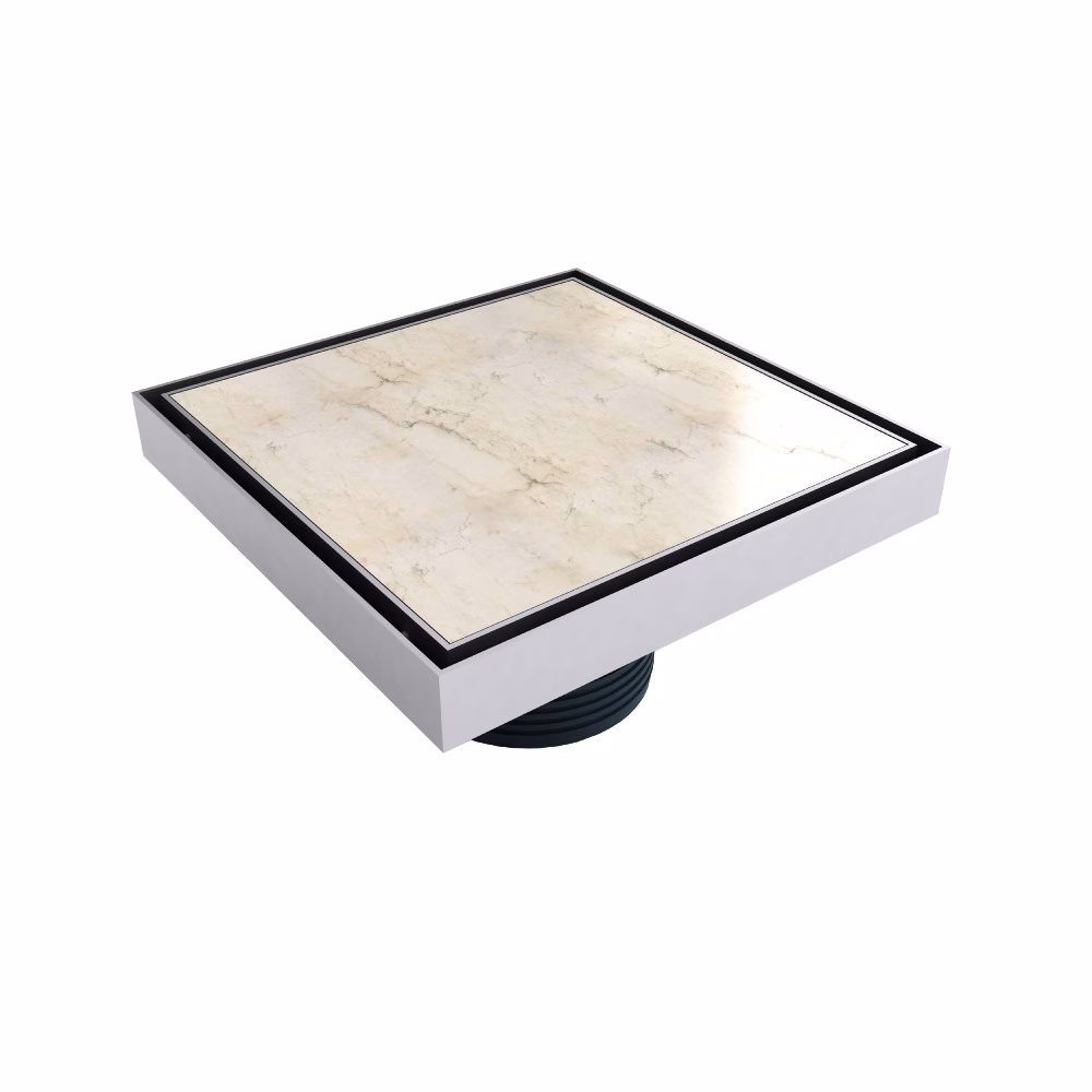 Scarico a pavimento MERT modello "TILES" 300x300mm, realizzato in acciaio inox di alta qualità, appartenente alla categoria degli scarichi a pavimento.