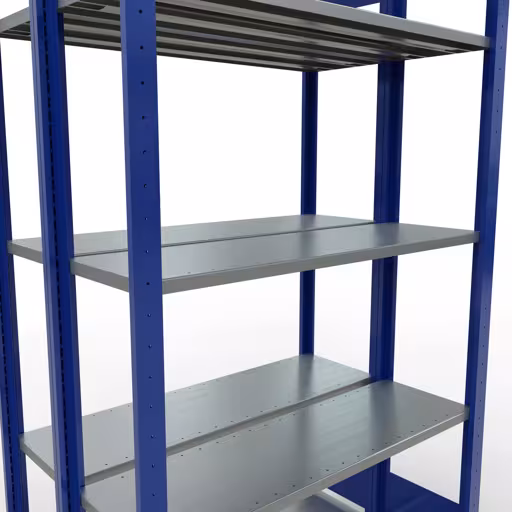 Étagère de base, étagère double, système d'étagères MULTIplus150, 2000 x 1000 x (2x300) mm (HxLxP), 2x5 étagères, barres de longueur, RAL 5010 bleu gentiane de la catégorie étagères doubles avec le GTIN 4004514296047 Étagère de base, étagère double, système d'étagères MULTIplus150, 2000 x 1000 x (2x300) mm, 2x5 étagères, RAL 5010 bleu gentiane de la marque Schulte Lagertechnik de la gamme d'étagères