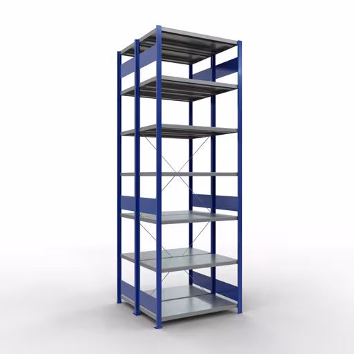 Scaffale base, scaffale doppio, sistema di scaffali MULTIplus250, 3000 x 1000 x (2x500) mm (AxLxP), 2x7 ripiani, traversa, blu genziana, ripiani doppi, articolo n. 32152-G-B