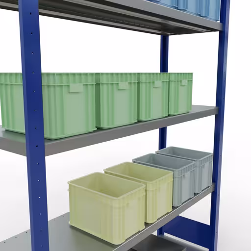 Figura n. 11 dell'articolo scaffale base, scaffale, sistema a innesto MULTIplus250, 2000 x 1300 x 400 mm (AxLxP), 5 ripiani, barre longitudinali, RAL 5010 blu genziana/zincato del gruppo di prodotti sistema a innesto della marca Schulte Lagertechnik