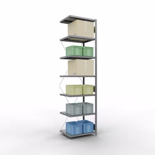 Scaffali componibili, scaffali, sistema a innesto MULTIplus250, 3000 x 750 x 600 mm (AxLxP), 7 ripiani, traversa, zincato della categoria scaffali componibili con GTIN 4004514237897 Scaffali componibili, scaffali, sistema a innesto MULTIplus250, 3000 x 750 x 600 mm (AxLxP), 7 ripiani, traversa, zincato della marca Schulte Lagertechnik della gamma dei sistemi a innesto