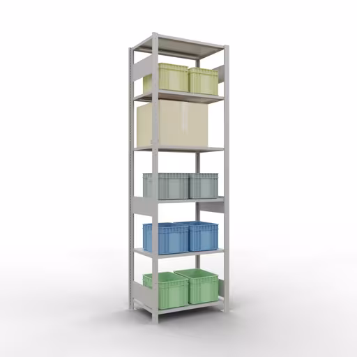 Une autre vue de l'article étagère de base, étagère à étagères, système enfichable MULTIplus150, 2500 x 750 x 500 mm, 6 étagères, gris clair RAL 7035 de la catégorie étagère de base