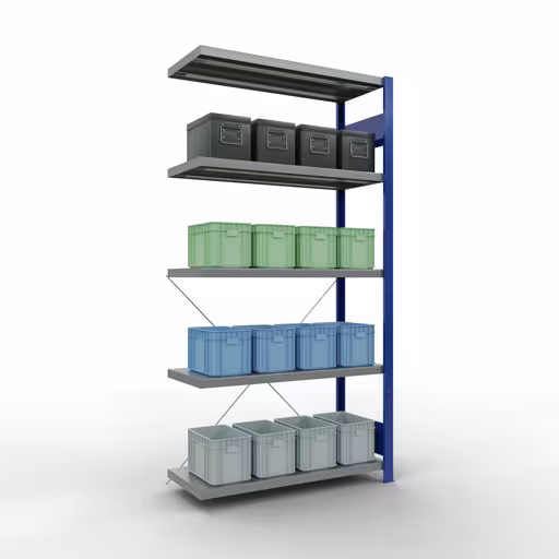 Scaffali aggiuntivi, scaffali, sistema a innesto MULTIplus330, 2000 x 1000 x 400 mm (AxLxP), 5 ripiani, traversa, RAL 5010 blu genziana/zincato di Schulte Lagertechnik con l'articolo n. 13945-B