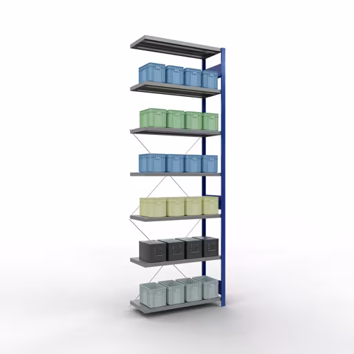 Rayonnage supplémentaire, rayonnage, système enfichable MULTIplus250, 3000 x 1000 x 400 mm, 7 tablettes, traverse, RAL 5010 bleu gentiane/galvanisé avec GTIN 4004514282965 Rayonnage supplémentaire, rayonnage à étagères, système enfichable MULTIplus250, 3000 x 1000 x 400 mm, 7 étagères, traverse, RAL 5010 bleu gentiane/galvanisé de Schulte Lagertechnik avec le numéro d'article. 12947-B