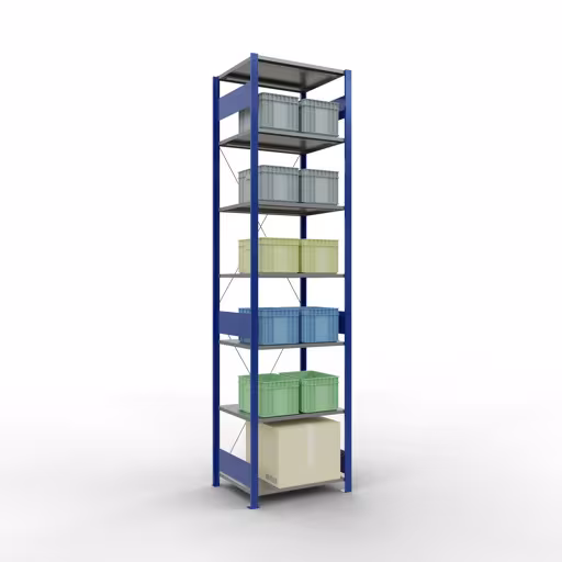 Scaffale base, scaffale, sistema a innesto MULTIplus150, 3000 x 750 x 600 mm (AxLxP), 7 ripiani, traversa, RAL 5010 blu genziana/zincato/zincato della marca Schulte Lagertechnik della gamma sistemi a innesto