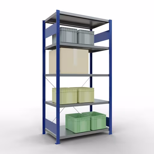 Étagère de base, étagère, système enfichable MULTIplus330, 2000 x 1000 x 600 mm, 5 étagères, traverse, RAL 5010 bleu gentiane/galvanisé de Schulte Lagertechnik avec le numéro d'article. 13960-B