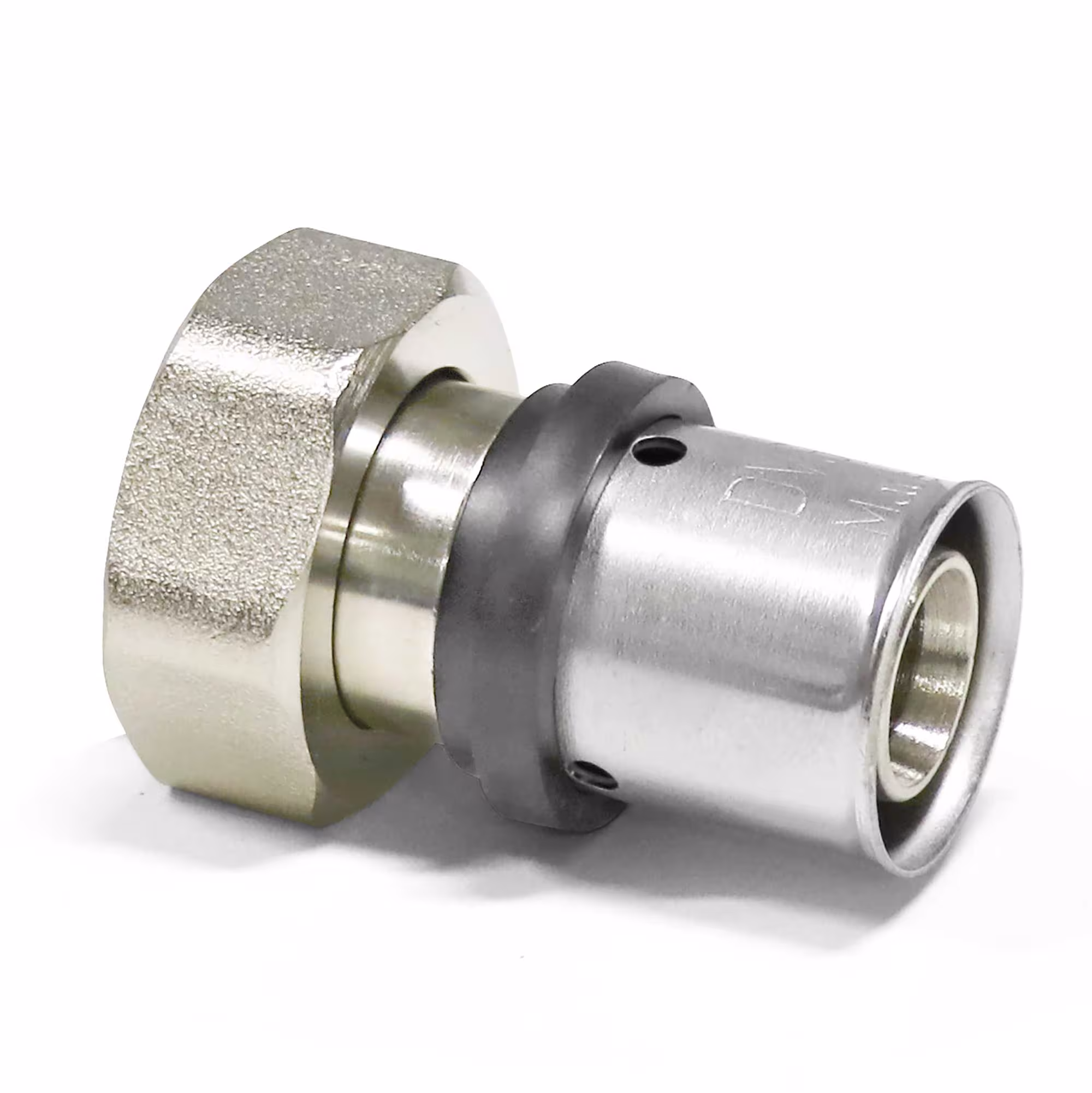 Raccord à vis de transition à pression Pipetec pour tuyau composite en aluminium 16 x 2 mm vers raccord à vis nickelé Eurocone 3/4" de Pipetec Raccord à vis de transition à sertir avec filetage Eurocone, raccords à sertir, réf. PFV1605EKNI