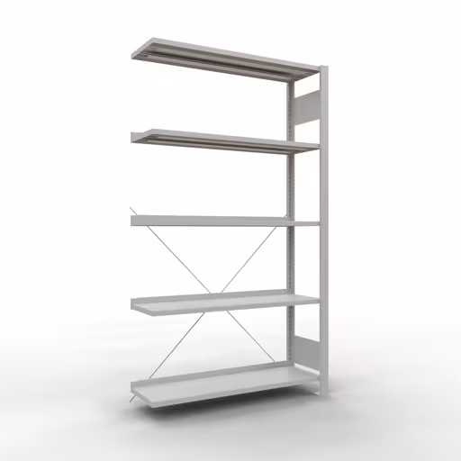 Scaffale aggiuntivo, scaffale per ufficio, sistema a innesto MULTIplus85, 1800 x 1000 x 300 mm (AxLxP), 5 ripiani, traversa, con barra di arresto, grigio chiaro di Schulte Lagertechnik Scaffale componibile, scaffale per ufficio, sistema a innesto MULTIplus85, 1800 x 1000 x 300 mm (AxLxP), 5 ripiani, traversa, con listello di arresto, grigio chiaro, sistema a innesto, articolo n. 36004