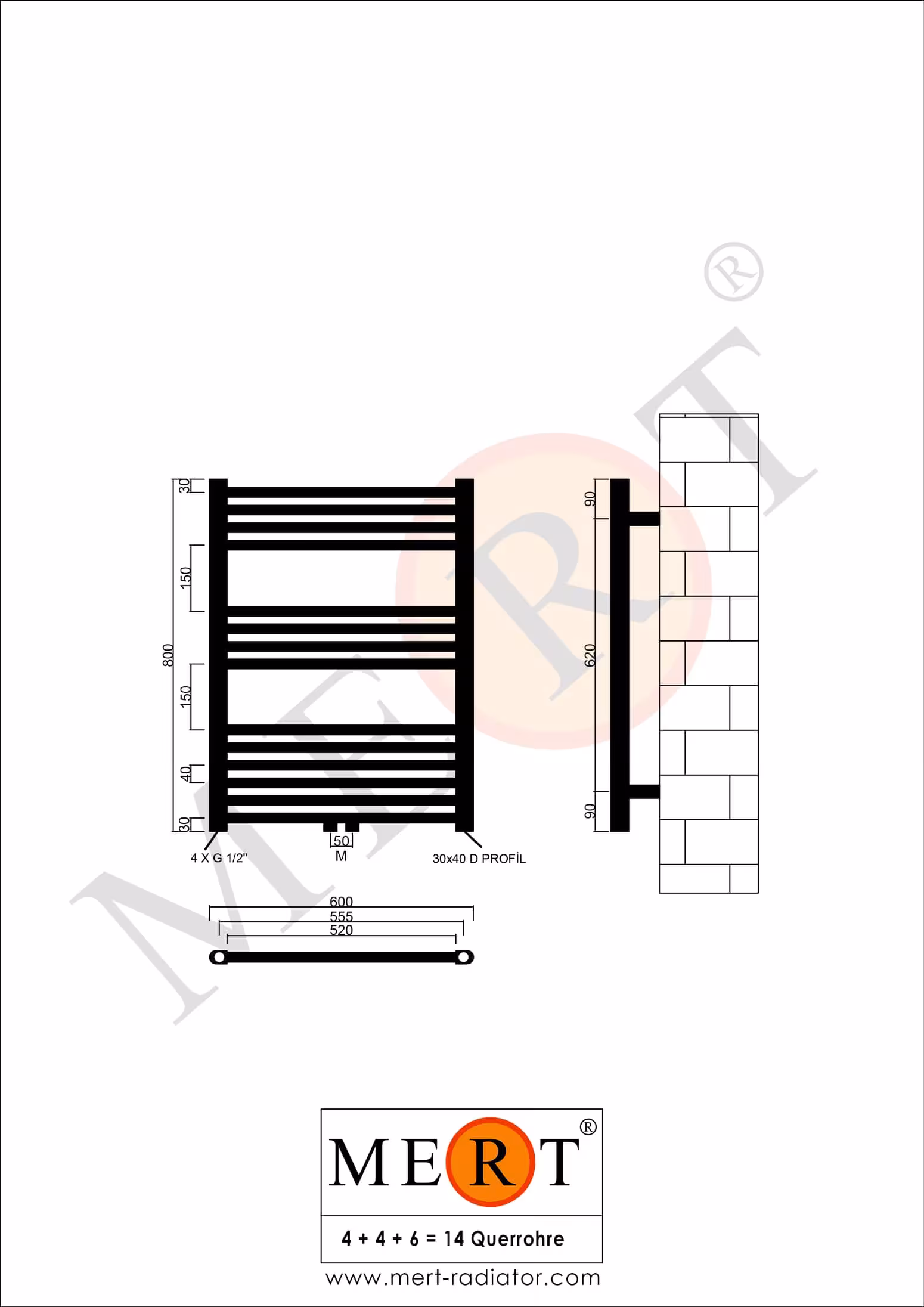 MERT Badheizkörper weiß gerade, 600*800 mm, Mittelanschluss von der Marke MERT aus der Kategorie Heizkörper