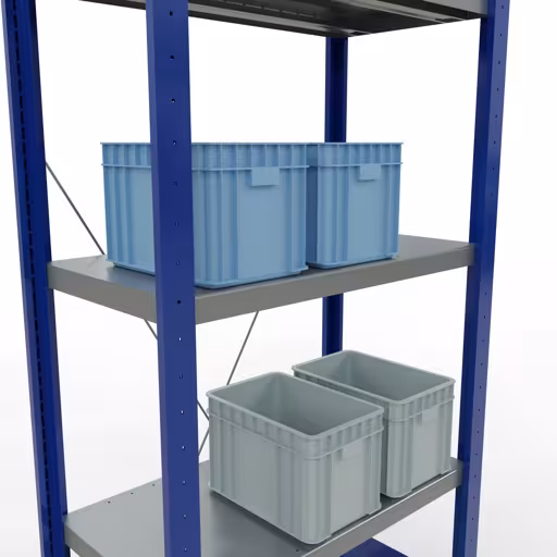 Image du produit n° 14 de l'article étagère de base, étagère, système enfichable MULTIplus250, 2000 x 750 x 400 mm, 5 étagères, traverse, RAL 5010 bleu gentiane/galvanisé/galvanisé Figure n° 14 de l'article étagère de base, étagère, système enfichable MULTIplus250, 2000 x 750 x 400 mm, 5 étagères, RAL 5010 bleu gentiane/galvanisé/galvanisé du groupe de produits système enfichable de Schulte Lagertechnik