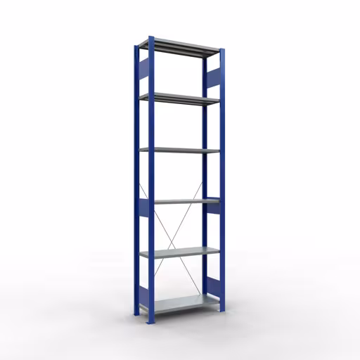 Scaffale base, scaffale, sistema a innesto MULTIplus150, 2500 x 750 x 300 mm (AxLxP), 6 ripiani, traversa, RAL 5010 blu genziana/zincato/zincato di Schulte Lagertechnik della categoria Sistema a innesto