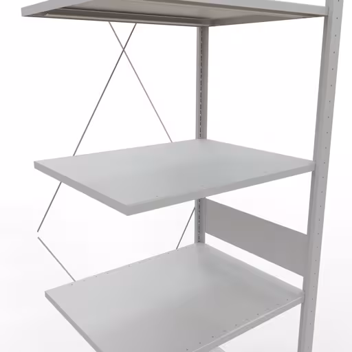 Une autre vue de l'article Tablette rapportée, étagère, système enfichable MULTIplus150, 3000 x 750 x 600 mm, 7 tablettes, traverse, RAL 7035 gris clair de la catégorie système enfichable