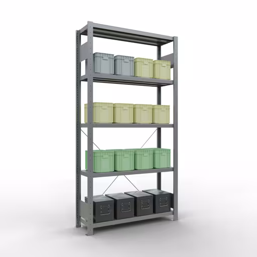 Étagère de base, étagère, système enfichable MULTIplus250, 2000 x 1000 x 300 mm (HxLxP), 5 étagères, traverse, galvanisée avec réf. 12930 Étagère de base, étagère, système enfichable MULTIplus250, 2000 x 1000 x 300 mm, 5 étagères, galvanisée de Schulte Lagertechnik de la catégorie des systèmes enfichables