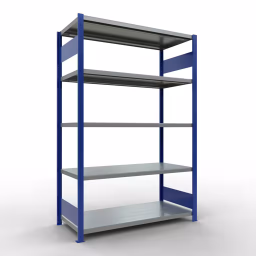 Ripiano base, ripiano, sistema a innesto MULTIplus250, 2000 x 1300 x 600 mm (AxLxP), 5 ripiani, barre longitudinali, RAL 5010 blu genziana/zincato, ripiano base, articolo n. 12960-130-LR-B
