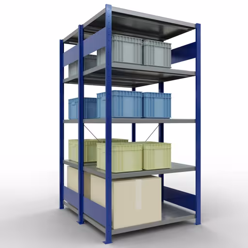 Scaffale base, scaffale doppio, sistema di scaffali MULTIplus250, 2000 x 1000 x (2x600) mm (AxLxP), 2x5 ripiani, traversa, RAL 5010 blu genziana della categoria scaffali doppi con GTIN 4004514292193 Scaffale base, scaffale doppio, sistema di scaffali MULTIplus250, 2000 x 1000 x (2x600) mm (AxLxP), 2x5 ripiani, traversa, RAL 5010 blu genziana della marca Schulte Lagertechnik dal programma scaffali