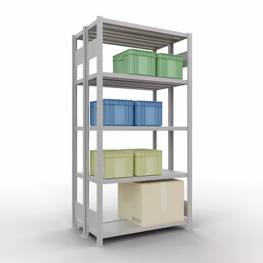 Représentation supplémentaire de l'article étagère de base, étagère double, système d'étagères enfichables MULTIplus250, 2000 x 1000 x (2x300) mm, 2x5 étagères, RAL 7035 gris clair à partir d'étagères doubles