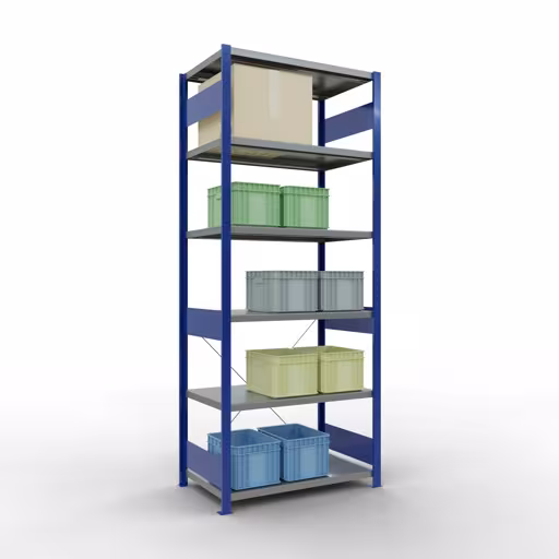 Image du produit n° 12 de l'article étagère de base, étagère, système enfichable MULTIplus330, 2500 x 1000 x 600 mm, 6 étagères, traverse, RAL 5010 bleu gentiane/galvanisé Figure n° 12 de l'article étagère de base, étagère, système enfichable MULTIplus330, 2500 x 1000 x 600 mm, 6 étagères, RAL 5010 bleu gentiane/galvanisé du groupe de produits système enfichable de Schulte Lagertechnik