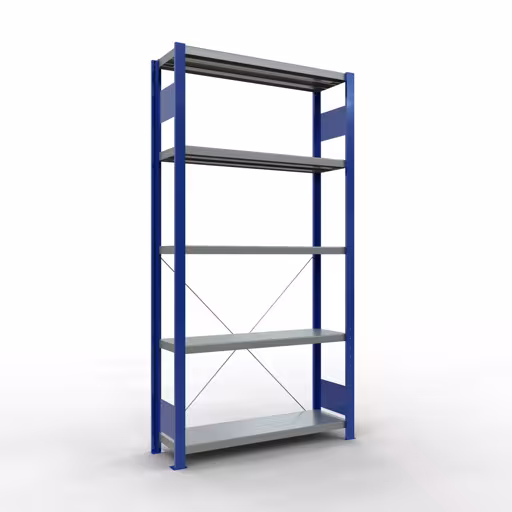 Un'altra vista dell'articolo scaffale base, scaffale, sistema a innesto MULTIplus250, 2000 x 1000 x 300 mm (AxLxP), 5 ripiani, traversa, RAL 5010 blu genziana/zincato dalla categoria Sistema a innesto