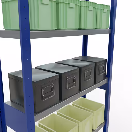 Étagère de base, étagère, système enfichable MULTIplus250, 2500 x 1000 x 300 mm, 6 étagères, traverse, RAL 5010 bleu gentiane/galvanisé avec la référence réf. 12931-B Étagère de base, étagère, système enfichable MULTIplus250, 2500 x 1000 x 300 mm, 6 étagères, traverse, RAL 5010 bleu gentiane/galvanisé de Schulte Lagertechnik de la catégorie système enfichable