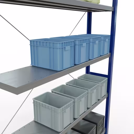 Image du produit n° 13 de l'article Rayonnage complémentaire, rayonnage à étagères, système enfichable MULTIplus250, 3000 x 1300 x 300 mm, 7 étagères, traverse, RAL 5010 bleu gentiane/galvanisé Figure n° 13 de l'article Système d'étagères enfichables MULTIplus250, 3000 x 1300 x 300 mm, 7 étagères, RAL 5010 bleu gentiane/galvanisé du groupe de produits Systèmes enfichables de Schulte Lagertechnik