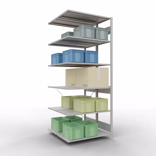 Rayonnage supplémentaire, rayonnage double, système d'étagères MULTIplus150, 2500 x 1000 x (2x500) mm, 2x6 tablettes, traverse, RAL 7035 gris clair avec le numéro d'article 110001. 32756 , étagère double, système d'étagères MULTIplus150, 2500 x 1000 x (2x500) mm, 2x6 étagères, gris clair RAL 7035 de Schulte Lagertechnik de la catégorie étagères