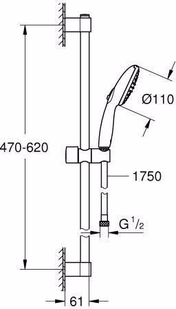 Technische Zeichnung 4019036 GROHE Barre de douche Tempesta 110 27598_3 600 mm 2 jets 13,5 l/min chrome
