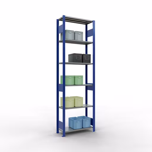 Étagère de base, étagère, système enfichable MULTIplus150, 2500 x 750 x 300 mm, 6 étagères, RAL 5010 bleu gentiane/galvanisé/galvanisé avec la référence réf. 12731-75-LR-B Étagère de base, étagère, système enfichable MULTIplus150, 2500 x 750 x 300 mm, 6 étagères, RAL 5010 bleu gentiane/galvanisé/galvanisé de Schulte Lagertechnik de la catégorie système enfichable