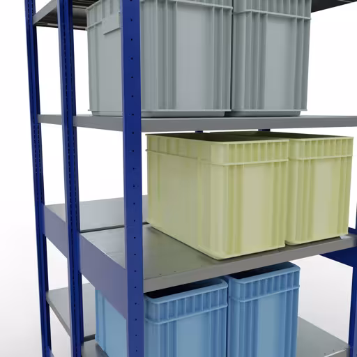 Etagère de base, étagère double, système d'étagères MULTIplus250, 2500 x 1000 x (2x600) mm, 2x6 étagères, barres de longueur, RAL 5010 bleu gentiane de la catégorie étagères doubles avec le GTIN 4004514296337 Étagère de base, étagère double, système d'étagères MULTIplus250, 2500 x 1000 x (2x600) mm, 2x6 étagères, RAL 5010 bleu gentiane de Schulte Lagertechnik de la gamme d'étagères