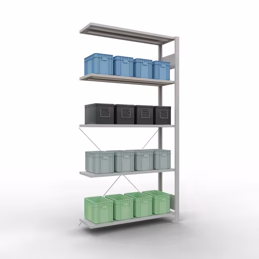 Image du produit n° 14 de l'article Rayonnage complémentaire, rayonnage à étagères, système enfichable MULTIplus85, 2000 x 1000 x 300 mm (HxLxP), 5 étagères, traverse, RAL 7035 gris clair Figure n° 14 de l'article étagère complémentaire, étagère à étagères, système enfichable MULTIplus85, 2000 x 1000 x 300 mm, 5 étagères, traverse, RAL 7035 gris clair du groupe de produits système enfichable de la marque Schulte Lagertechnik