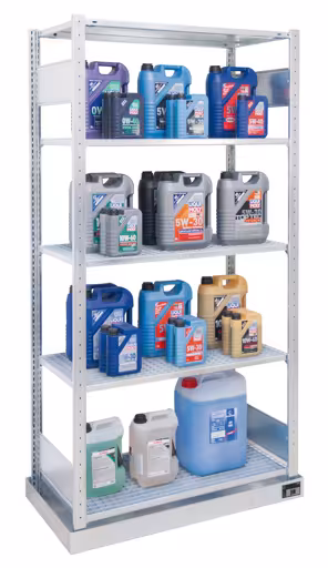 Etagère de base, petite étagère pour conteneurs, 2000 x 1000 x 500 mm, galvanisée, avec bac collecteur (volume : 36 litres) et 4 étagères caillebotis de la catégorie étagères environnementales avec le GTIN 4004514227522 Étagère de base, petite étagère pour conteneurs, 2000 x 1000 x 500 mm, galvanisée, avec bac collecteur (volume : 36 litres) et 4 étagères à grilles de Schulte Lagertechnik de la gamme d'étagères à étagères