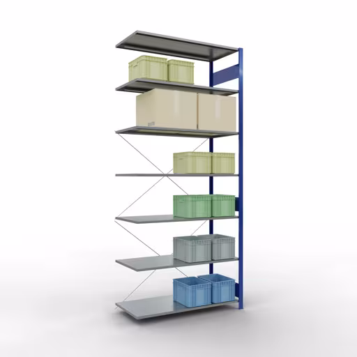 Rayonnage supplémentaire, étagère, système enfichable MULTIplus150, 3000 x 1300 x 600 mm (HxLxP), 7 étagères, traverse, RAL 5010 bleu gentiane/galvanisé avec la référence réf. 12767-130-B Rayonnage supplémentaire, étagère, système enfichable MULTIplus150, 3000 x 1300 x 600 mm, 7 étagères, RAL 5010 bleu gentiane/galvanisé de Schulte Lagertechnik de la catégorie système enfichable