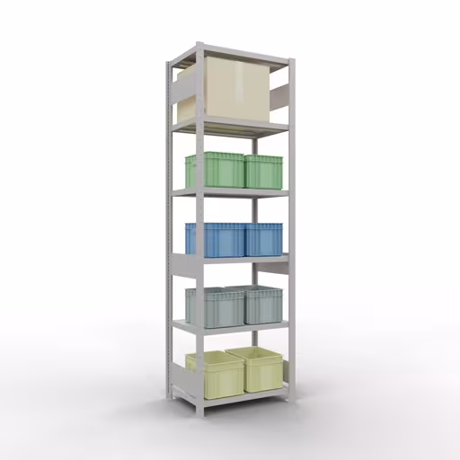 Scaffale base, scaffale, sistema a innesto MULTIplus250, 2500 x 750 x 500 mm (AxLxP), 6 ripiani, barre longitudinali, RAL 7035 grigio chiaro della marca Schulte Lagertechnik dalla gamma dei sistemi a innesto