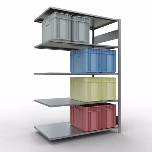 Anbauregal, Fachbodenregal Stecksystem MULTIplus150, 2000 x 1300 x 800 mm (HxBxT), 5 Fachböden, Längenriegel, verzinkt mit der GTIN 4004514281487 Anbauregal, Fachbodenregal Stecksystem MULTIplus150, 2000 x 1300 x 800 mm (HxBxT), 5 Fachböden, Längenriegel, verzinkt von Schulte Lagertechnik mit der Artikelnr. 12785-130-LR