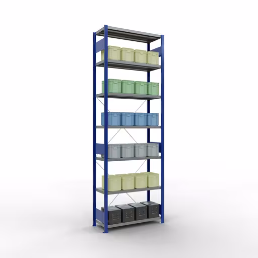 Immagine del prodotto n. 6 dell'articolo scaffale base, sistema a innesto per ripiani MULTIplus250, 3000 x 1000 x 400 mm, 7 ripiani, RAL 5010 blu genziana/zincato della gamma di prodotti per sistemi a innesto della marca Schulte Lagertechnik