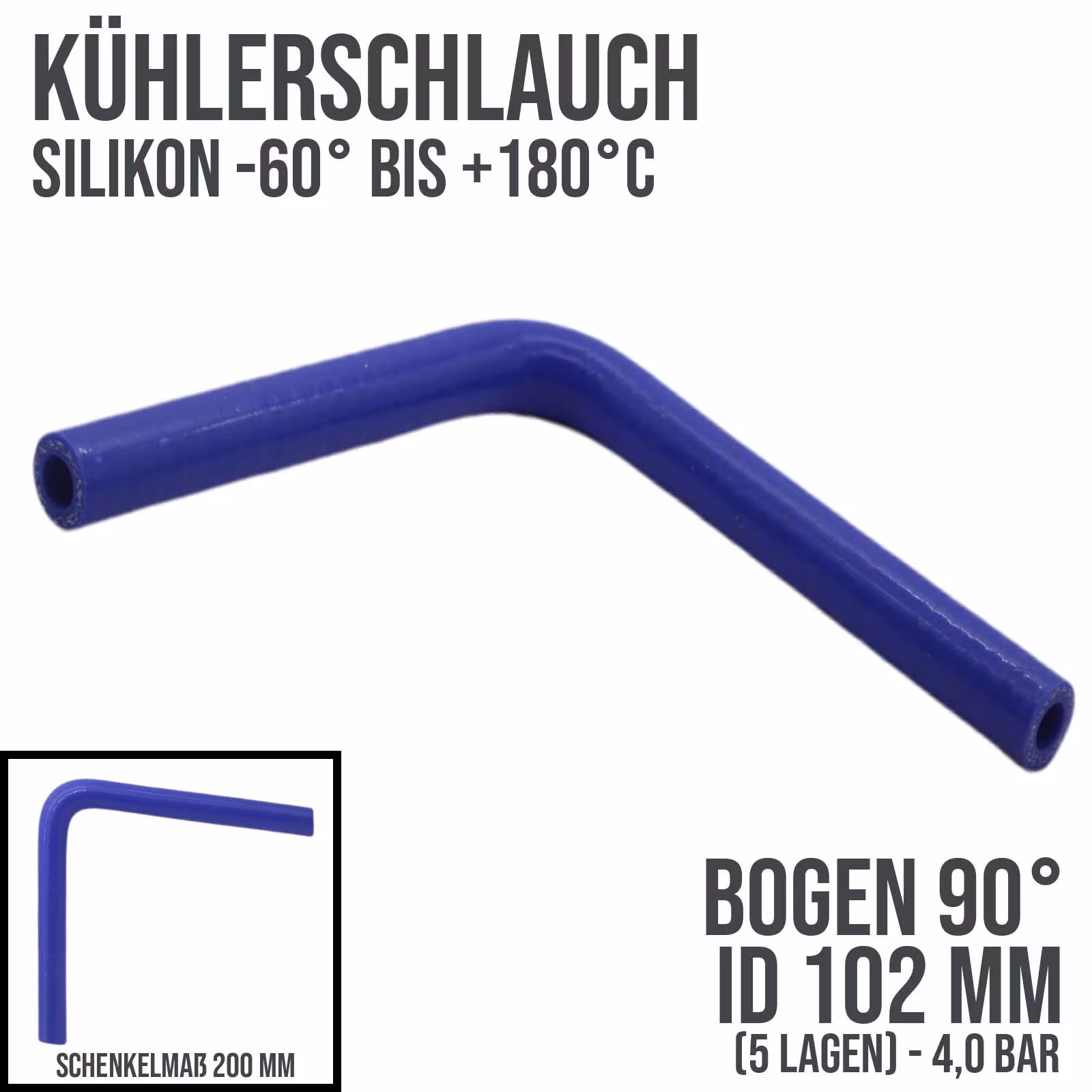 Tubo flessibile per radiatore 102 x 112 mm curva in silicone 90° LLK Tubo flessibile per aria di raffreddamento blu (4,0 bar) - 200 mm, tubi dell'acqua di raffreddamento, articolo n. KSB102-090-200GA