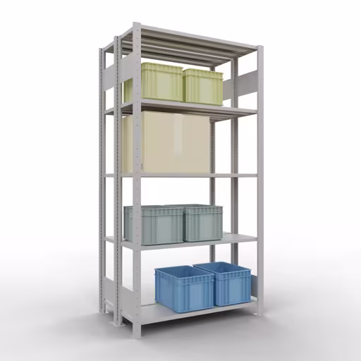 Étagère de base, étagère double, étagère à étagères, système enfichable MULTIplus150, 2000 x 1000 x (2x300) mm (HxLxP), 2x5 étagères, barres de longueur, RAL 7035 gris clair avec le numéro d'article. 33130 Étagère de base, étagère double, système d'étagères MULTIplus150, 2000 x 1000 x (2x300) mm, 2x5 étagères, gris clair RAL 7035 de Schulte Lagertechnik de la catégorie étagères