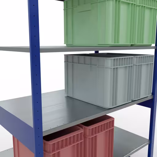 Image supplémentaire de l'article Étagère de base, étagère, système enfichable MULTIplus150, 2500 x 1300 x 800 mm (HxLxP), 6 étagères, traverse, RAL 5010 bleu gentiane/galvanisé Représentation supplémentaire de l'article étagère de base, étagère à étagères, système enfichable MULTIplus150, 2500 x 1300 x 800 mm, 6 étagères, RAL 5010 bleu gentiane/galvanisé à partir de l'étagère de base