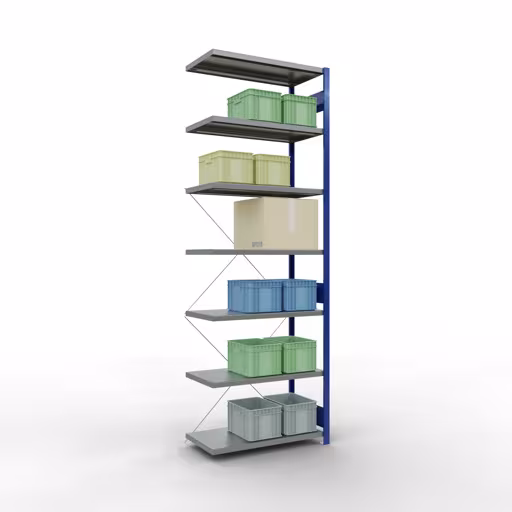 Image du produit n° 13 de l'article Rayonnage complémentaire, rayonnage à étagères, système enfichable MULTIplus330, 3000 x 1000 x 500 mm (HxLxP), 7 étagères, traverse, RAL 5010 bleu gentiane/galvanisé Figure n° 13 de l'article étagère complémentaire, étagère à étagères, système enfichable MULTIplus330, 3000 x 1000 x 500 mm, 7 étagères, RAL 5010 bleu gentiane/galvanisé du groupe de produits système enfichable de la marque Schulte Lagertechnik