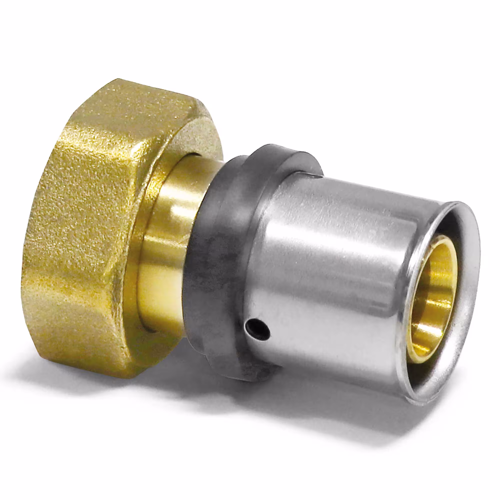 Collegamento a vite di transizione a pressione Pipetec dal tubo composito in alluminio 16 x 2 mm al collegamento a vite Eurocono da 3/4" di Pipetec Collegamento a vite di transizione a pressare con filettatura interna Eurocono, raccordi a pressare, articolo n. PFV1605EK