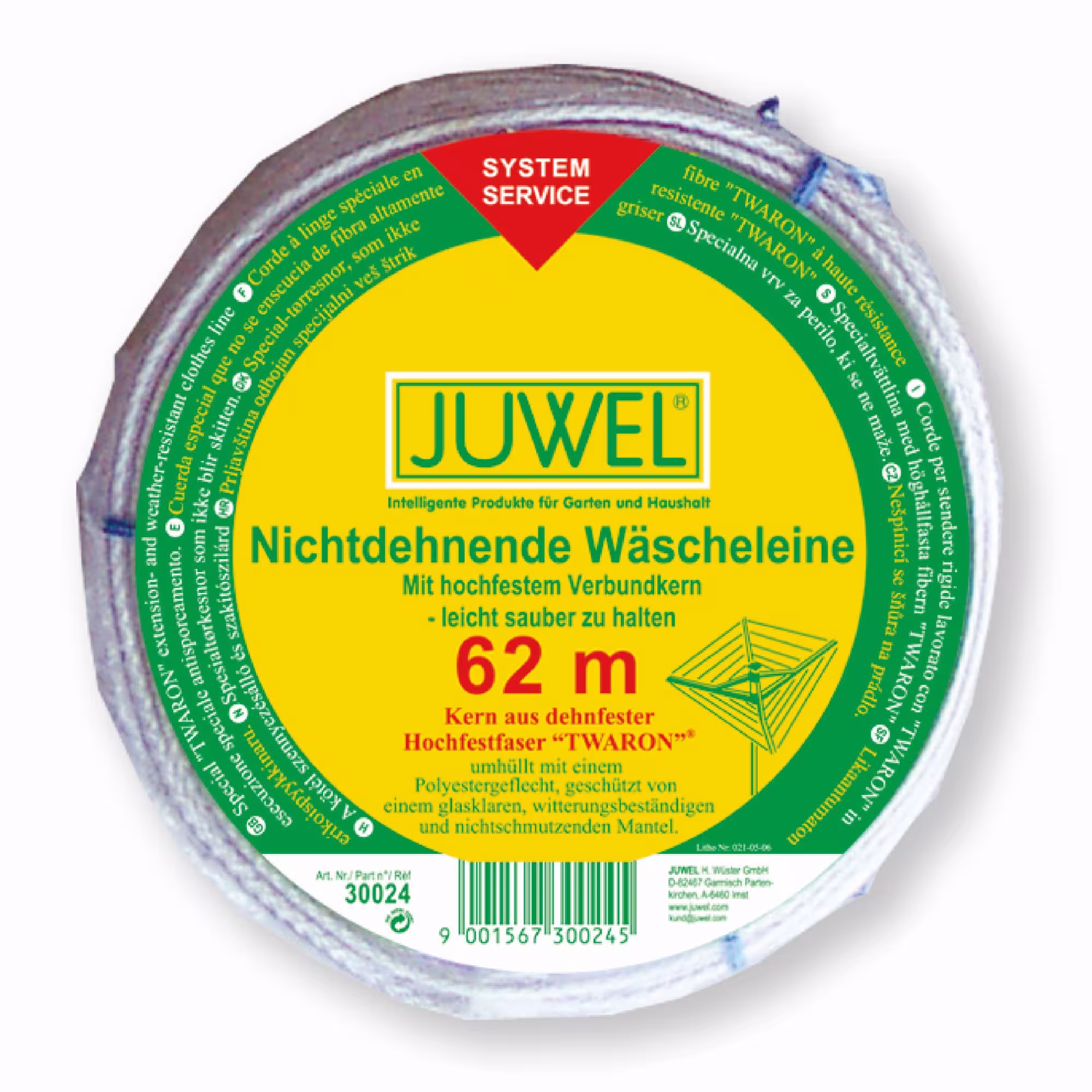Wäscheleine TWARON 62 m aus der Kategorie Gartenausstattung Ersatzteile mit der GTIN 9001567300245 JUWEL Ersatz-Wäscheleinen 62m von der Marke Juwel aus der Kategorie Gartenausstattung Ersatzteile